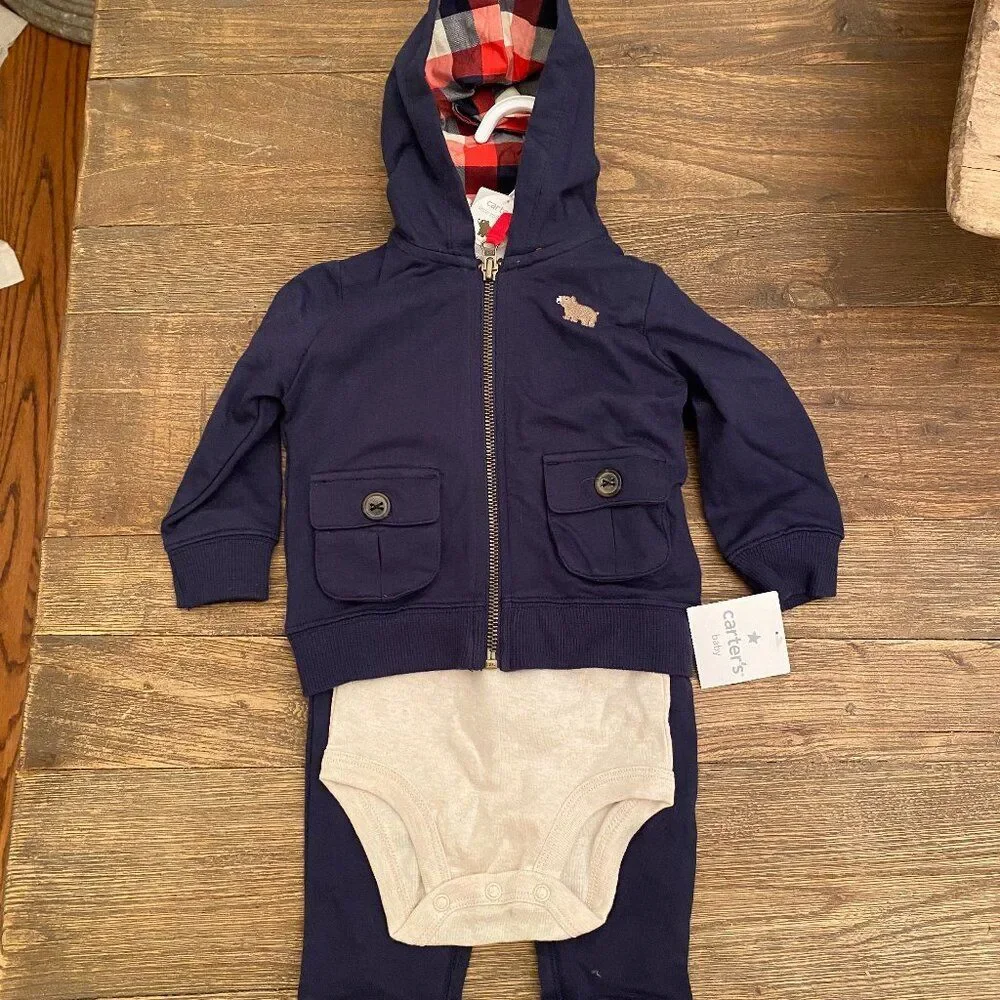 Carter's Sweatshirt Onesie Pants Three Piece 9 Months NWT Hooded Full Zip